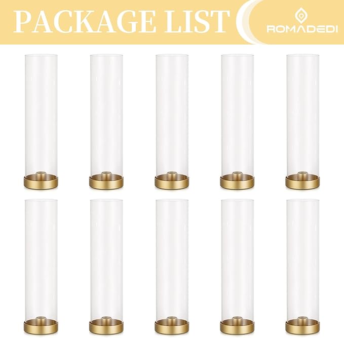 Romadedi Glass Hurricane Candle Holders Gold - 12 Inch Taper Candlestick Holder Bulk Clear Glass Cylinder Table Centerpiece Wedding Decor Party Birthday Christmas Home Decorations, Set of 10