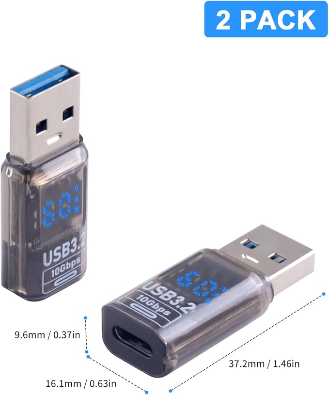 Poyiccot 10Gbps USB C Female to USB Male Adapter with Digital Display, USB 3.2 Converter Type A to Type C Charging Connector for iPhone, Galaxy, MacBook, 2pcs (Transparent)