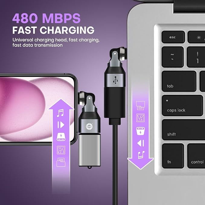 USB Adapter Type C to A 2 Pack 180° & 360° Rotation USB2.0 480Mbps Phone OTG Port Fast Charge Extender with LED Indicator (Black)