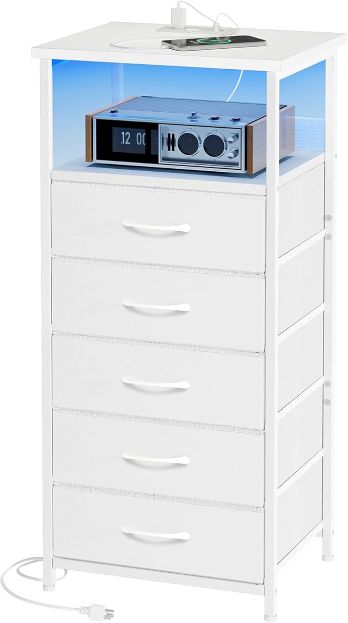 Fixwal Tall Nightstand with Charging Station and LED Lights, Night Stand with PU Finish Fabric Storage Drawers, 5 Drawer Dresser, White