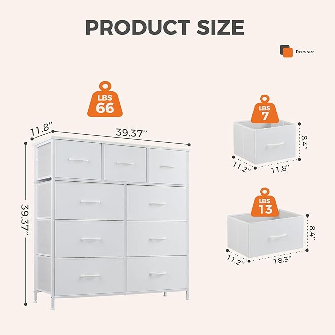 Sweetcrispy 9 Drawer Fabric Dresser Tall Chest Storage Organizer Tower with Cabinet Metal Frame and Wood Top Lightweight Nursery Closet Furniture for Bedroom,Cream White