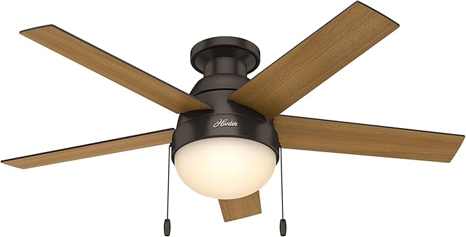 Hunter 59268 Anslee Indoor Low Profile Ceiling Fan with LED Light and Pull Chain Control, 46", Brown