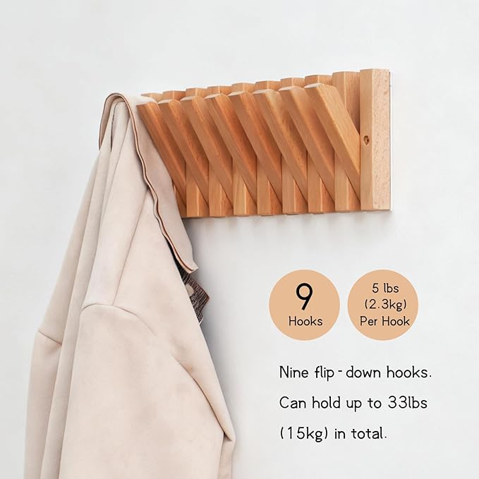 Coat & Hat Hooks Wall Mount with Key Holder, Wall Mounted Coat Rack with 9 Retractable Hangers, Solid Wood Slim Key Holder for Entryway, 17in Natural Finish