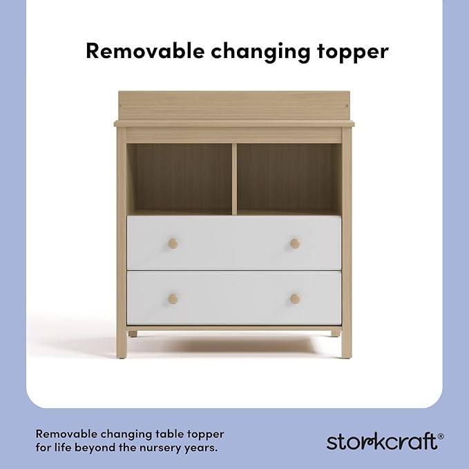 Storkcraft Alpine Nursery Changing Table Dresser Combo (White with Driftwood) – GREENGUARD Gold Certified, Dresser for Nursery, Changing Table with Drawers, Removable Changing Table Topper