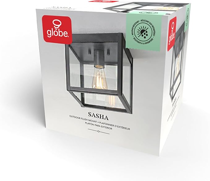 GLOBE Electric 60000020 1-Light Outdoor Flush Mount Ceiling Light Fixture, Matte Black, Clear Glass Shade, Front Porch Décor Lighting, Weather Resistant