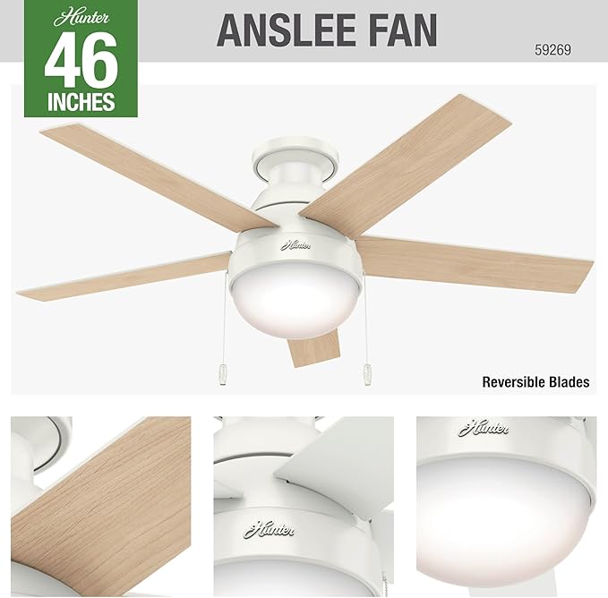 Hunter 46 inch Indoor Ceiling Fan with LED Light - White Ceiling Fan with Pull Chain, For Bedroom, Living Room, or Kitchen, Low Profile Mount, No Remote, 5 Blades - Anslee 59269, Fresh White