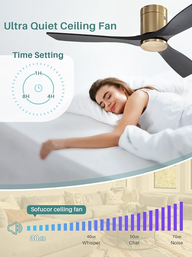 Sofucor 52 Inch Smart Ceiling Fan Without Lights Flush Mount Solid Wood Ceiling Fan with Alexa/Google Assistant/APP/Remote Control-Modern Outdoor Ceiling Fans No Light for Bedroom/Patio, Black Gold