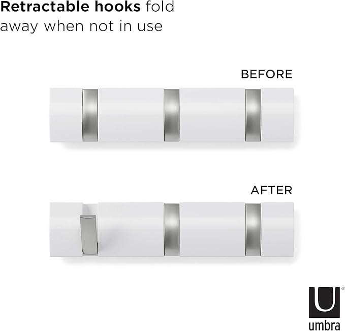 Umbra Flip Wall-Mounted Coat Rack Rail Hook for Hats, Jackets, Bags and More – Modern, Space-Saving Storage Organizer for Entryway, Mudroom, Closet, Bathroom, Bedroom, Kids Room, or Nursery, 3 Hooks,
