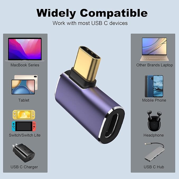 AreMe 2 Pack USB C Male to Female Adapter, 90 Degree Right Angle 100W Type C Extender Adapter for Thunderbolt 4/3, MacBook Pro/Air, Laptop, Phones and More Type C Devices (Purple)