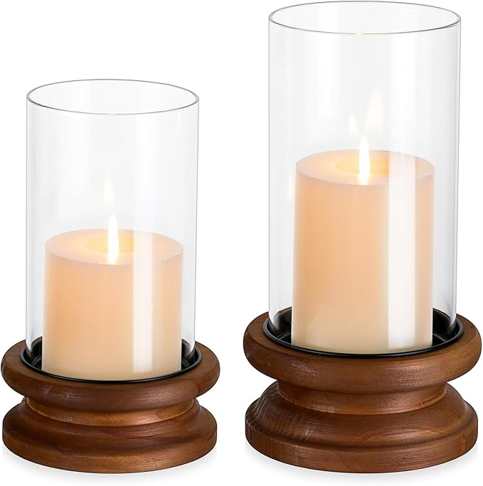 Hewory Hurricane Glass Candle Holder: 2PCS Rustic Brown Candle Holders for Pillar Candles, Vintage Decorative Wood Stand with Clear Glass Cover for Weddings Christmas Table Centerpiece Home Decor