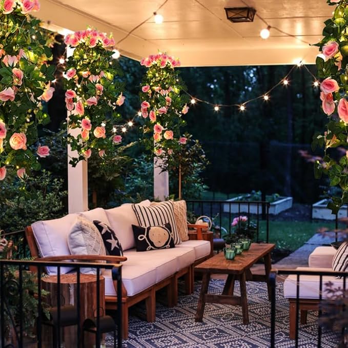 RECUTMS Artificial Hanging Rose Flower 4PCS Vine Plants with 30 LED Fairy String Lights Fake for Indoor Outside Garden Porch Farmhouse (Pink)