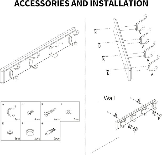 Wooden Coat Rack, Wall-Mounted Organizer for Closet, Entryway, Hallway, Foyer, Bedroom, Heavy Duty Double Hooks for Hanging Towels, Bags, Hats, Jackets, Key (Black, 4 Hooks)