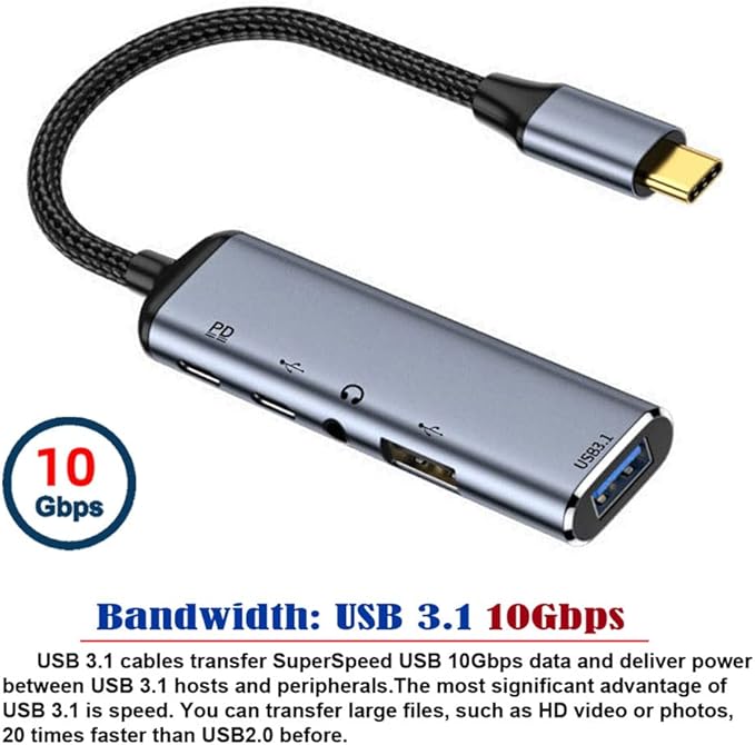 NFHK USB-C Type-C to Audio 3.5MM Dual USB 3.0 HUB Converter Multiport Adapter with Female 100W PD Power Port