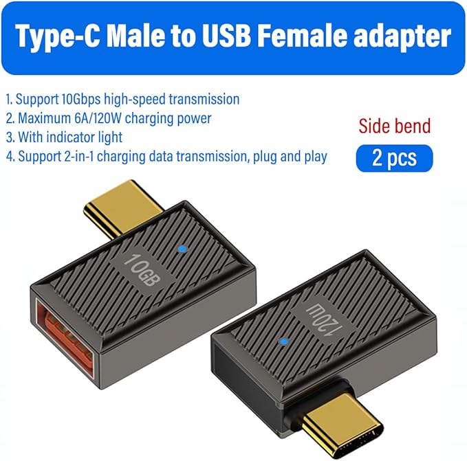 2 Pack 90°USB-C to USB A Adapter,120W 10Gbps OTG with LED,for Laptop Tablet Smartphone(Side Bend USB-C to USB-A with LED Indicator)