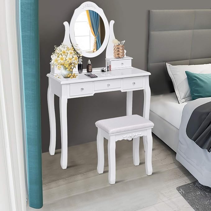 Giantex Vanity Set with Oval Mirror & Cushioned Stool, Makeup Dressing Table Large Storage with 5 Drawers, Mirrored Bedroom Vanities Makeup Table for Kids Girls Women, Easy Assembly (White)