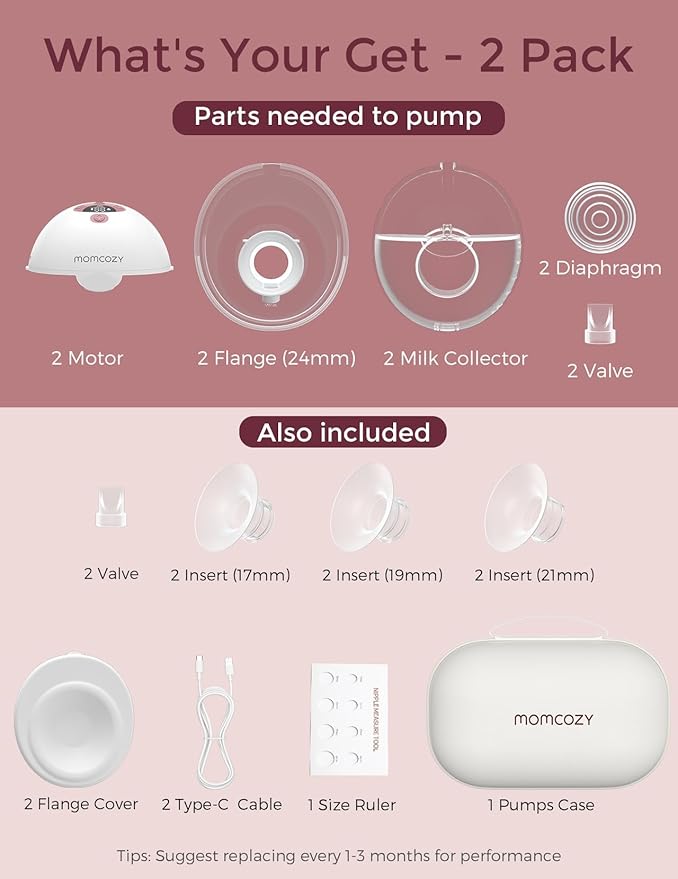 Momcozy Breast Pump Hands Free M5, Wearable Breast Pump of Baby Mouth Double-Sealed Flange with 3 Modes & 9 Levels, Electric Breast Pump Portable - 24mm, 2 Pack Cozy Red