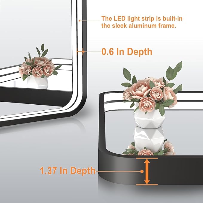 28x36 Inch LED Bathroom Mirror with Lights, Black Metal Framed LED Mirror for Bathroom, 3 Colors and Stepless Dimmable Wall Mounted Lighted Bathroom Vanity Mirror, Anti-Fog, Memory