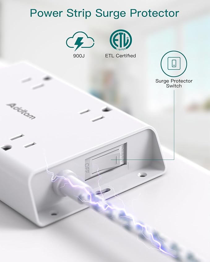 Surge Protector Power Strip 10 ft, Addtam Flat Plug Extension Cord with 4 USB Wall Charger(2 USB C Port), 4 Widely Outlets Desk Charging Station, Home Office and College Dorm Room Essentials
