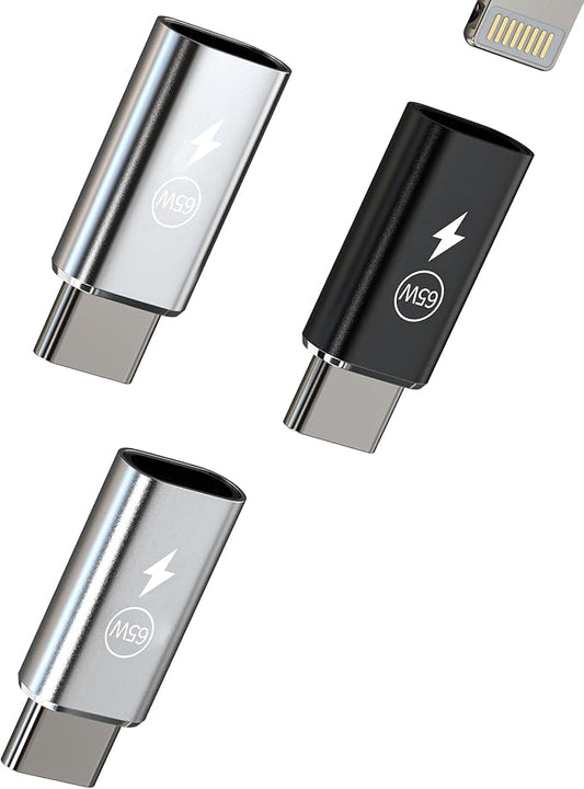 65W Lightning Female to USB C Male Charger Adapter(3Pack) for iPhone16 15 Pro Max Fast Charging Cable Connector Accessories Type C Converter for iPad Car Dongle PD Cord Compatible for Samsung