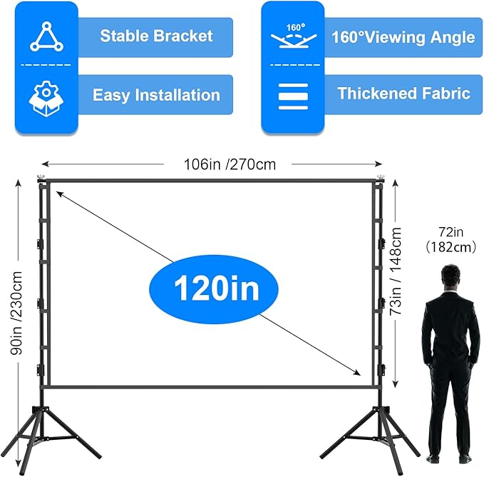 Outdoor Projector Screen with Stand,120 inch Portable Projector Screen with Heavy Duty Bracket,16:9 4K HD Rear Front Projection Movie Screen with Carry Bag for Home Theater