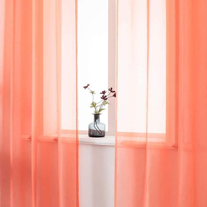 DUALIFE Coral Curtains 108 Inches Extra Length for Living Room Set of 2 Pieces Grommet Look Semi Sheer Transparent Curtains for Bedroom 52x108 Inch Long (Orange Coral)