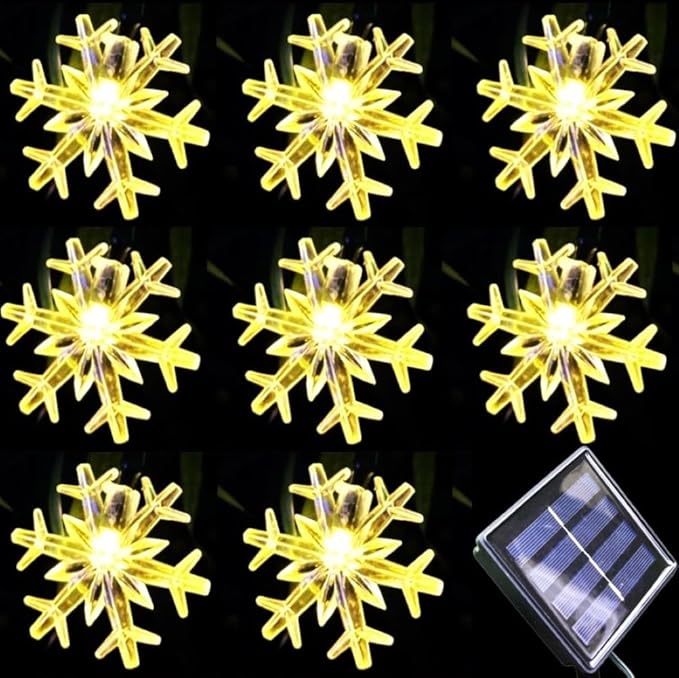 Solar Christmas Lights Outdoor Waterproof 30 LED 20 ft 8 Modes Solar Powered Snowflake String Lights for Garden Patio Yard Home Christmas Tree Parties(Warm White)