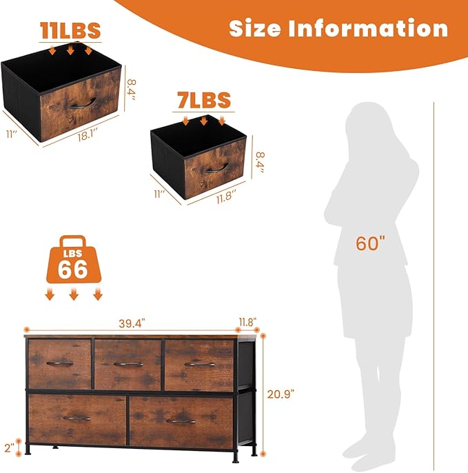 Sweetcrispy Dresser for Bedroom with 5 Storage Drawers, Fabric Storage Tower Organizer, Chest of Drawers with Metal Frame Wooden Top for Closet, Living Room, Entryway, Rust Brown