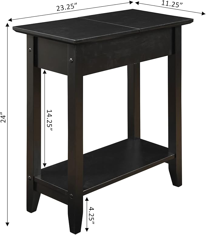 Convenience Concepts American Heritage Flip Top End Table 23.25" - Classic Narrow Chairside Accent with Hidden Storage & Lower Shelf for Traditional, Modern Living Room, Black