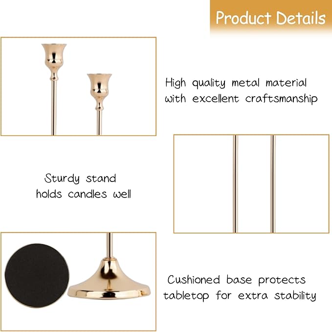 French Gold Candlestick Holders Set of 3, Metal Taper Candle Holders, Classic Decorative Candle Stick for Christmas, Wedding, Party, Dinner Tables,Home Décor