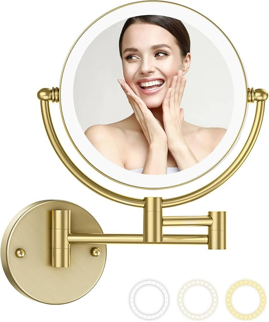 Matte Gold Wall Mounted Makeup Mirror with Lights and 10X Magnification, 8" Rechargeable 2-Sided 3-Colors, Touch Dimmable Extended Arm 360 Rotation, Foldable Vanity Cosmetic Shaving Mirror Bathroom