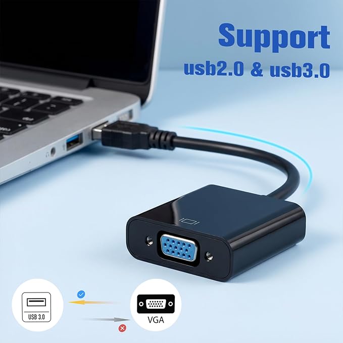USB to VGA Adapter for Monitor, VGA to USB 3.0/2.0 Converter，1080P Multi-Display Video Cable for Laptop, Desktop, HDTV, Monitor, Projector