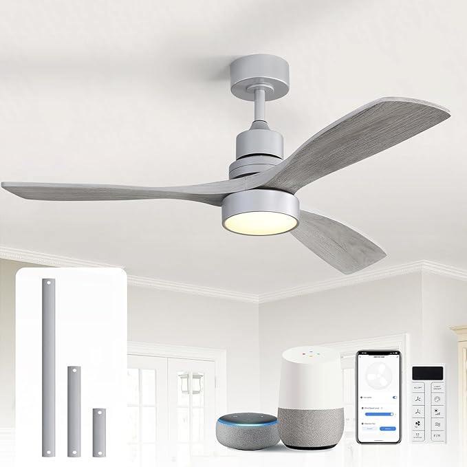 Sofucor 52 Inch Smart Ceiling Fans with Lights and Alexa/Google Assistant/APP/Remote Control-Modern Solid Wood Outdoor 3 Blades Ceiling Fan for Bedroom Living Room Indoor Farmhouse Patio, Silver Grey