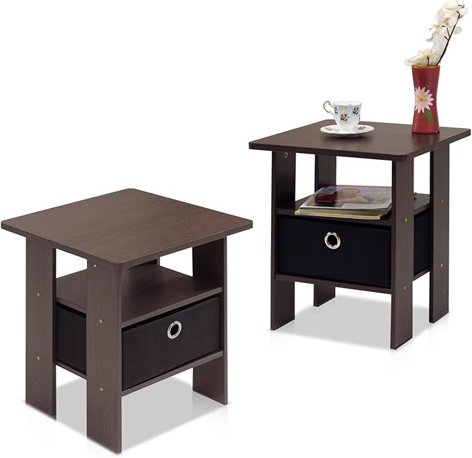 Furinno Andrey Set of 2 End Table / Side Table / Night Stand / Bedside Table with Bin Drawer, Columbia Walnut/Dark Brown
