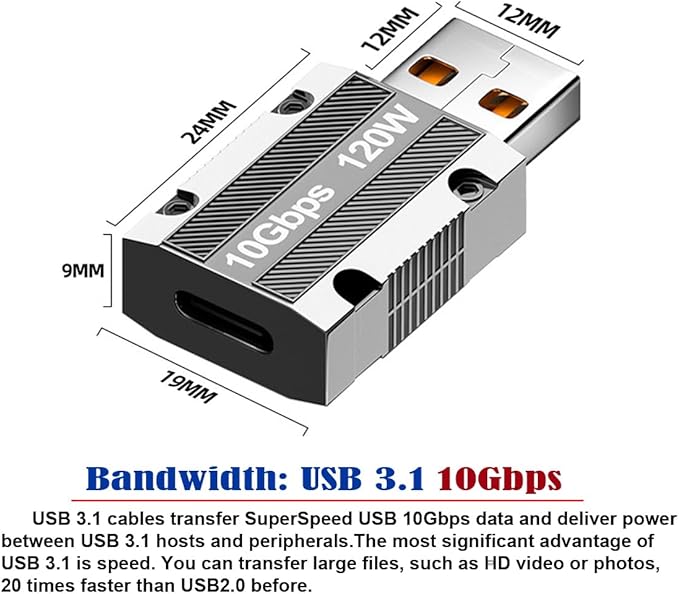 CY USB-C USB 3.1 Type C Female to USB 3.0 A Male 10Gbps Data 120W Power Adapter Alloy Shell for Laptop Tablet Phone