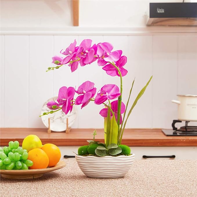 Large Artificial Potted Orchid Plant, Silk Flower Arrangement with Ceramics Vase, Purple Red
