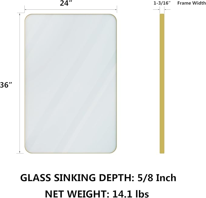 VocalStar Gold Bathroom Mirror for Wall, 24 x 36 Inch Metal Framed Rounded Rectangle Vanity Mirror Modern Farmhouse, 1/4-inch Shatterproof Glass | Ultra-Flush Hanging