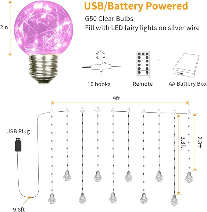 YOLIGHT Wishing Ball Curtain Lights 200 LED Window Curtain String Light with Remote, USB Battery Powered Twinkle Globe Fairy Lights for Wedding Party Bedroom Christmas Decoration (Pink)