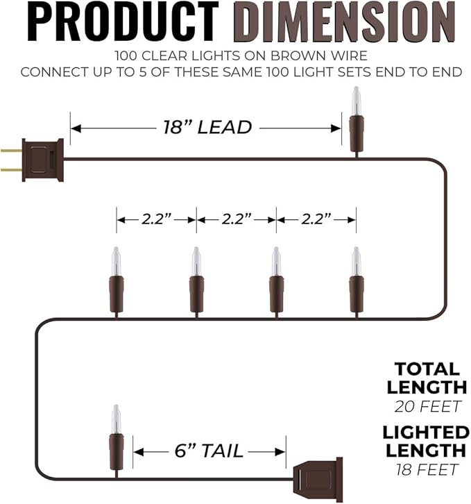612 Vermont 100 Clear Mini Christmas String Lights on Brown Wire Cord, UL Approved for Indoor/Outdoor Use, 18 Foot of Lighted Length, 20 Foot of Total Length (Pack of 2)