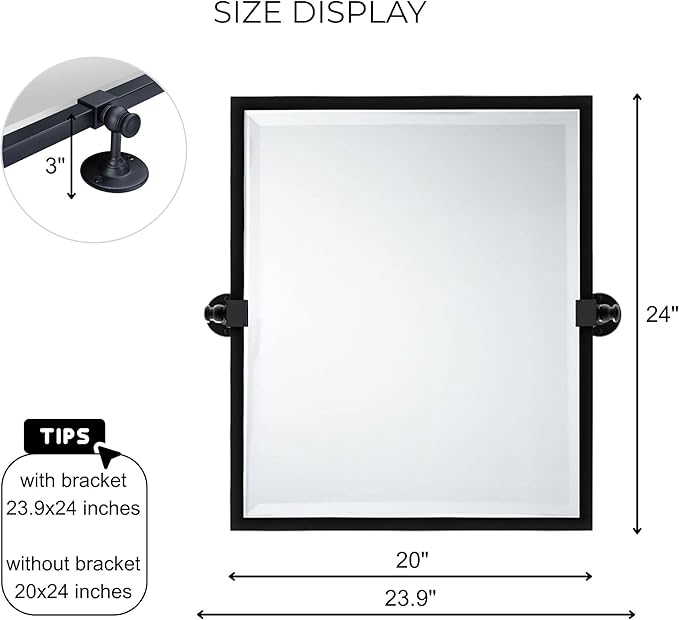 Black Metal Framed Pivot Rectangle Bathroom Mirror Tilting Beveled Vanity Mirrors for Wall, Overall 23.9 x 24 inches (Mirrror 20 x 24 inches)