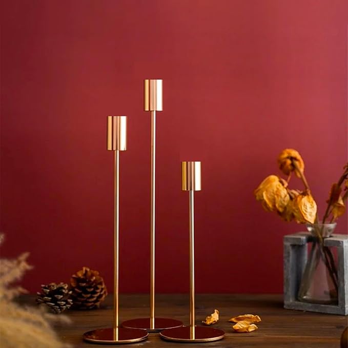 Set of 3 Gold Taper Candle Holders, Metal Gold Candlestick Holders, Tall Candle Holder, Fits 3/4 inch Thick Candle&Led Candles, for Table Centerpiece, Wedding, Dinning, Party Home Decor