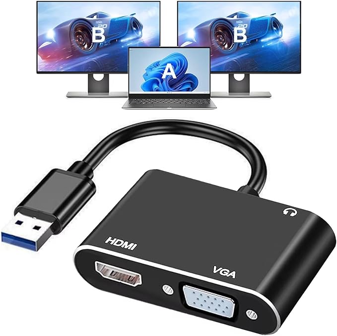 USB 3.0 to HDMI VGA Adapter, USB to VGA HDMI Adapter for 2 Monitors, 1920 * 1080P@60HZ Full HD Display Video Converter Comaptible with Windows 7/8/8.1/10 and Mac OS Systems