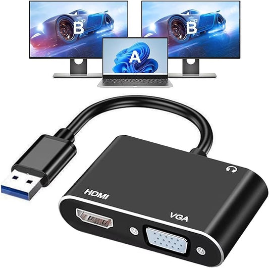 USB 3.0 to HDMI VGA Adapter, USB to VGA HDMI Adapter for 2 Monitors, 1920 * 1080P@60HZ Full HD Display Video Converter Comaptible with Windows 7/8/8.1/10 and Mac OS Systems