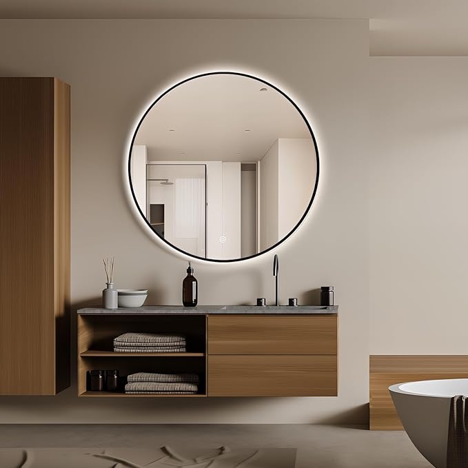30" Round LED Bathroom Mirror, Wall Mounted Backlit Vanity Mirror with 45° Beveled Frame Lighted Mirror for Bedroom, Fog Free 3-Color Dimmable Lights Memory Function, Black