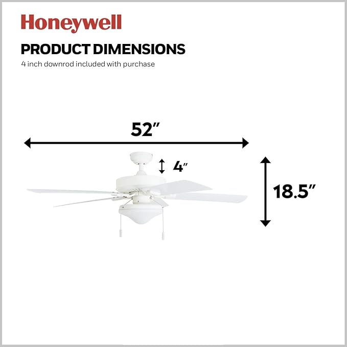 Honeywell Ceiling Fans Belmar 52 Inch Ceiling Fan With Light, Indoor/Outdoor Ceiling Fan with Pull Chain, LED Tri-Mount 5 Blade Design, ETL Damp Rated, White (50513-01)