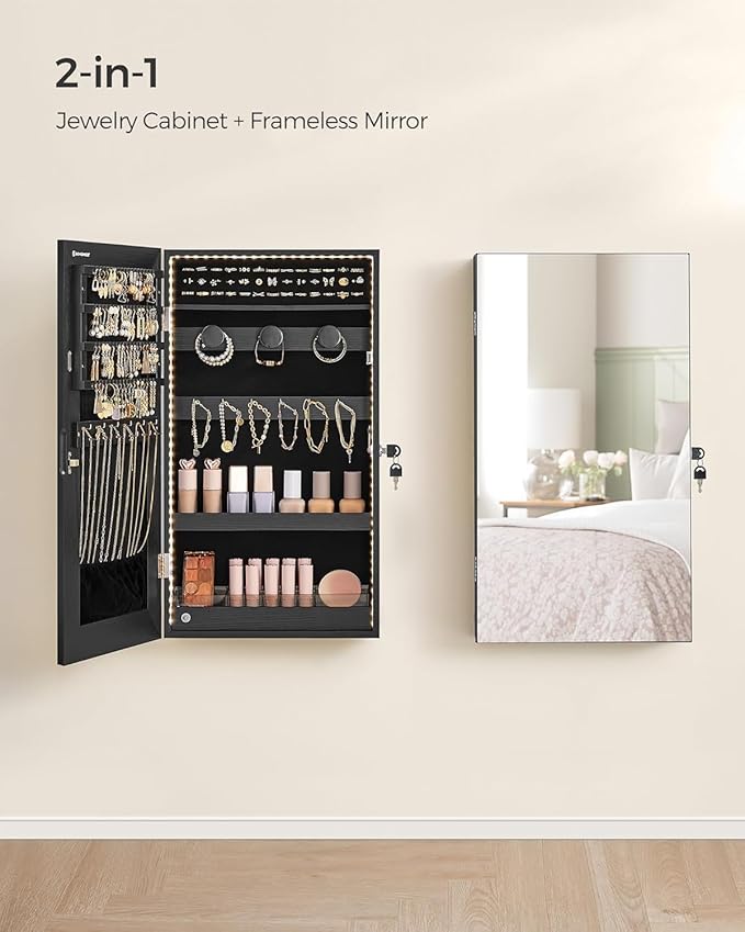 SONGMICS Mirror Jewelry Cabinet Armoire with Built-in LED Lights, Wall or Door Mounted Jewelry Storage Organizer, 3.8 x 14.6 x 26.4 Inches Hanging Mirror Cabinet, Gift Idea, Black UJJC050B01