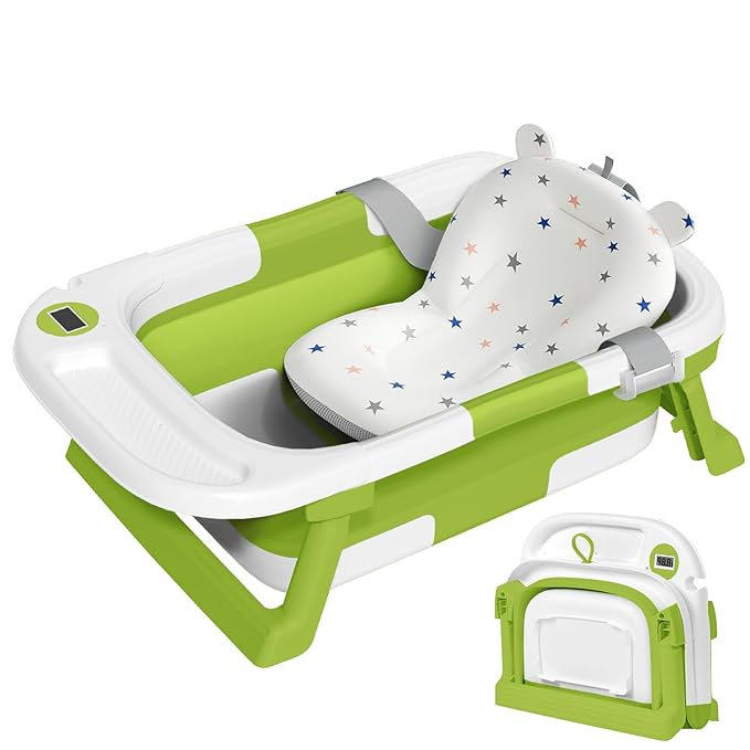 Collapsible Baby Bathtub,Baby Bath Tub with Thermometer & Soft Cushion,Baby Bathtub for Newborn to Toddler 0-36 Months,Portable Travel Baby Tub with No-Slip Feet,Baby Shower Gifts,Green