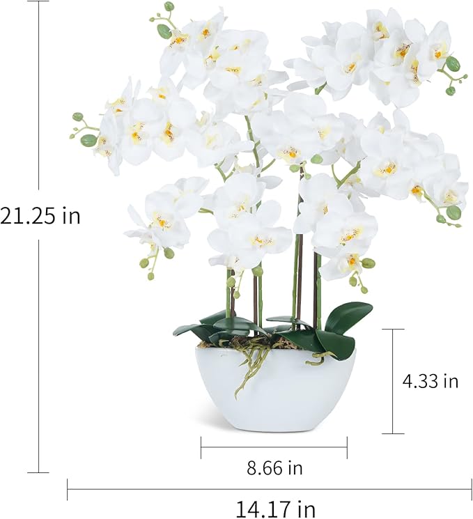 Ziwon Artificial Orchid Flowers & Plants Potted in Ceramic Pot, White Faux Phalaenopsis Orchids for Table Centerpiece, Realistic Fake Flower Arrangement for Home Office Decor Indoor