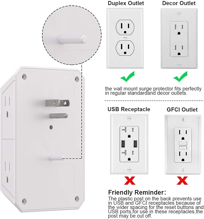 Outlet Extender Surge Protector - NUOZHI 6 Outlet Splitter with 4 USB Ports(2 USB-C), Multi Plug Wall Outlet 1680J Power Strip for Home Office Dorm Room Essentials, ETL, White