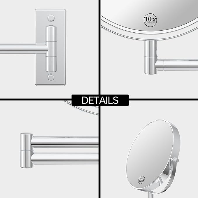Wall Mounted Makeup Mirror, 10x/1x Double-Sided Magnifying Mirror, 360° Extendable Arm Bathroom Mirror, 8 inch Vanity Mirror for Makeup or Shaving Chrome Finish