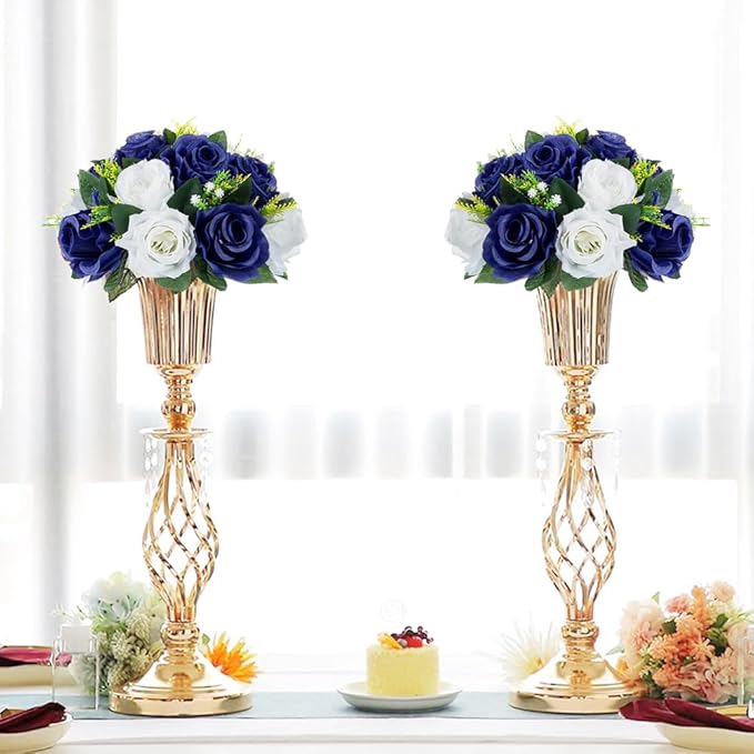 10Pcs Fake Flower Ball Arrangement Bouquet, 9.5" 15 Heads Plastic Roses with Base,Suitable for Parties Valentine's Day Wedding Centerpiece Flower Rack and Home Décor (Navy Blue & White)